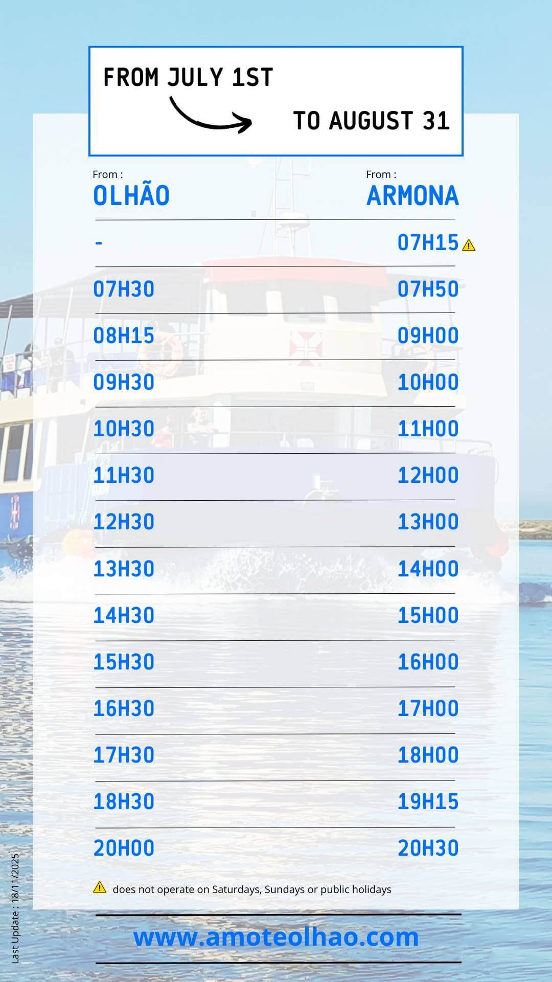 Ferry schedules Olhão–Armona from July 1 to August 31 – Amo-te Olhão.