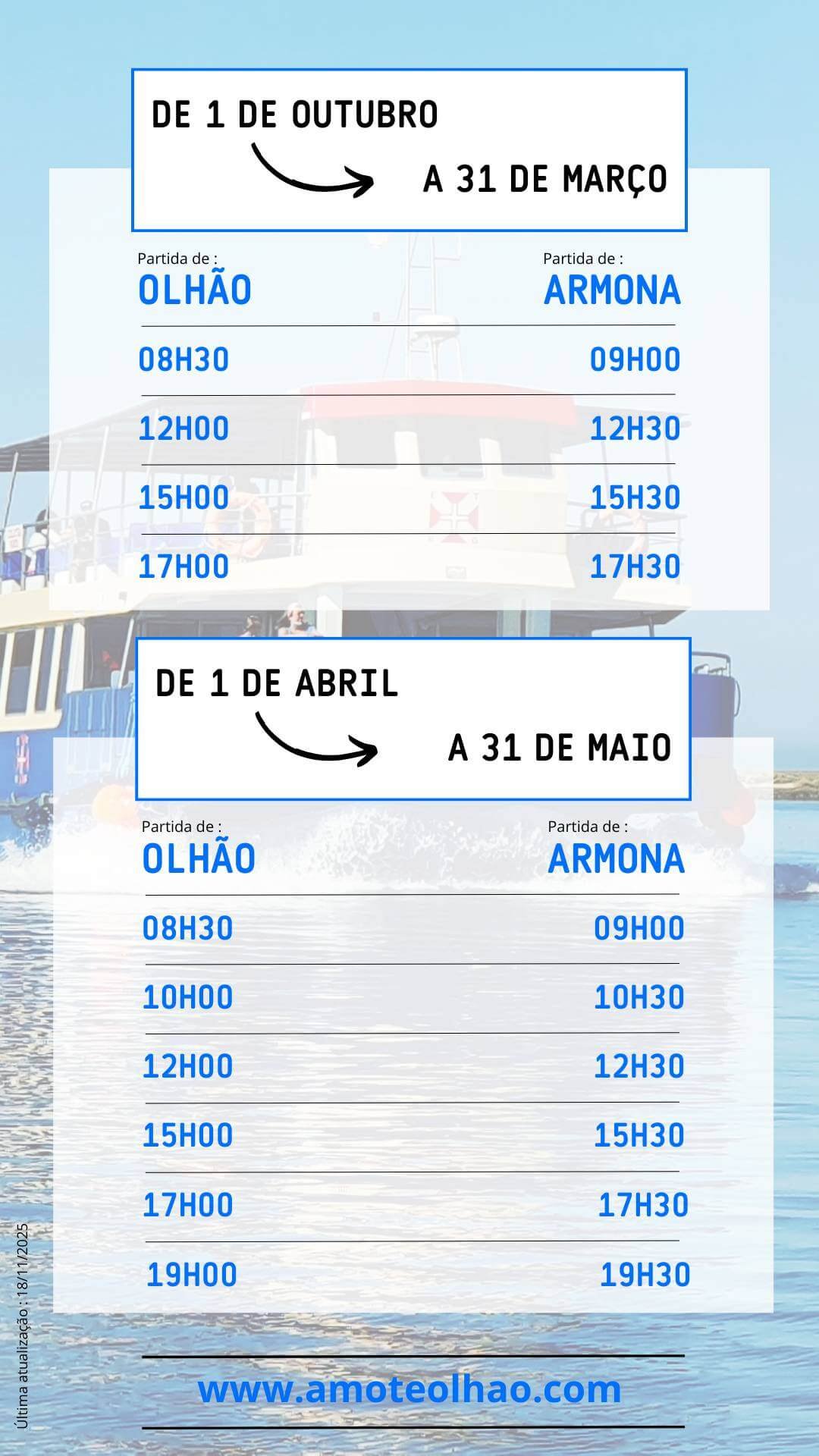 Horários barco Olhão Armona – outubro a março & abril a maio Horários dos barcos Olhão–Armona de 1 de outubro a 31 de março e de 1 de abril a 31 de maio – Amo-te Olhão.