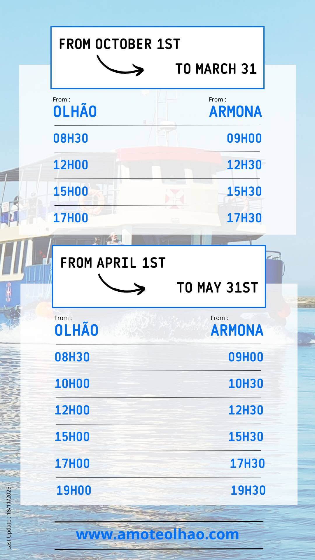 Ferry schedules Olhão–Armona from October 1 to March 31 and from April 1 to May 31 – Amo-te Olhão.