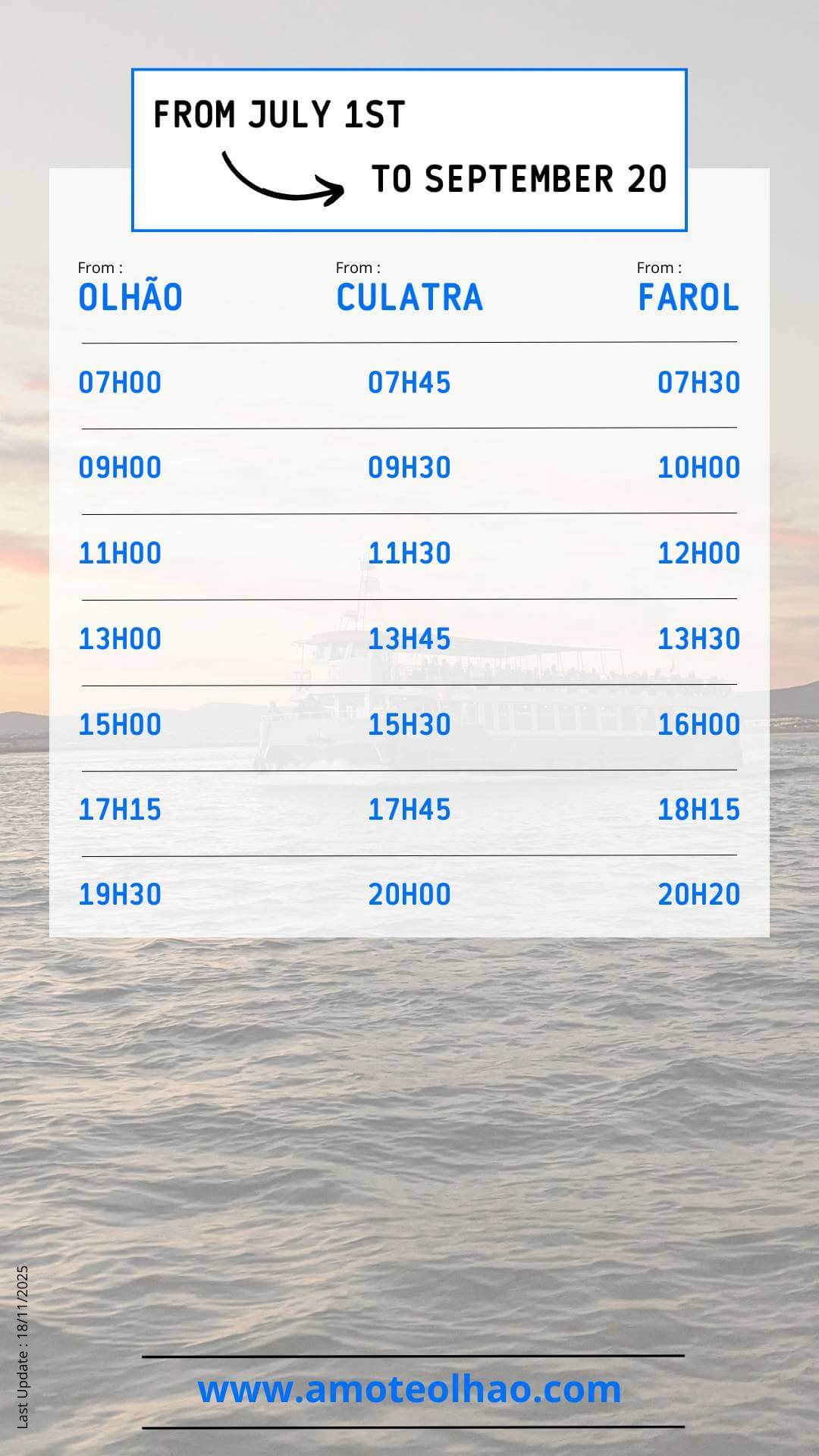 Ferry schedules Olhão–Culatra–Farol from July 1 to September 20 – Amo-te Olhão.
