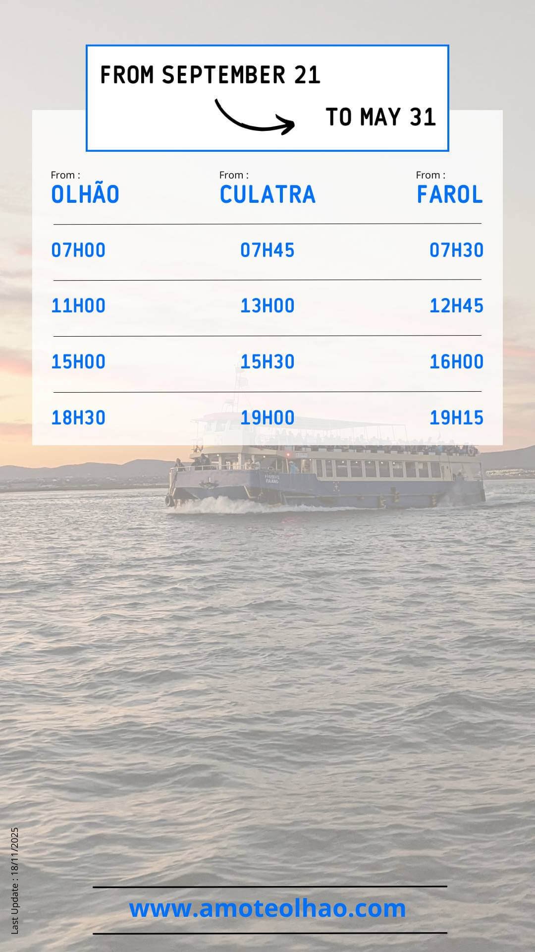 Ferry schedules Olhão–Culatra–Farol from September 21 to May 31 – Amo-te Olhão.