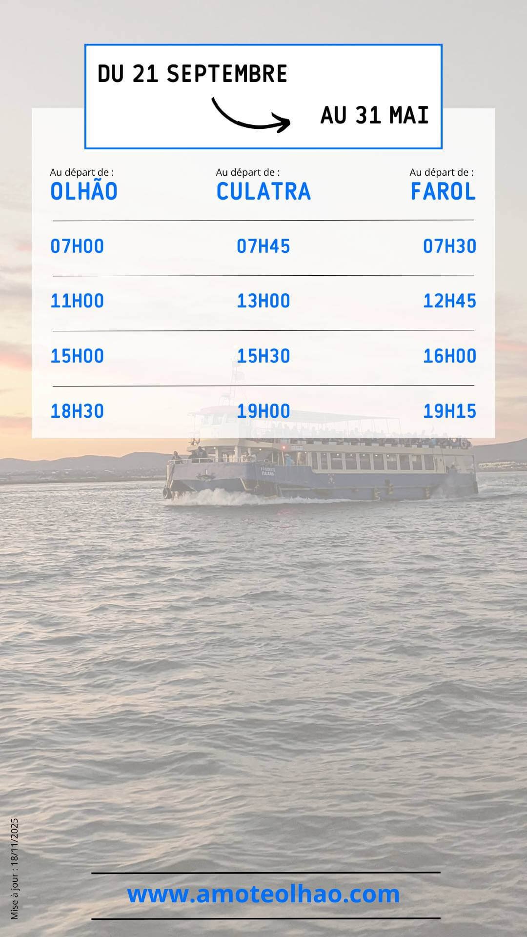Horaires ferries Olhão Culatra Farol – 21 septembre au 31 mai Horaires des ferries Olhão–Culatra–Farol du 21 septembre au 31 mai – Amo-te Olhão.