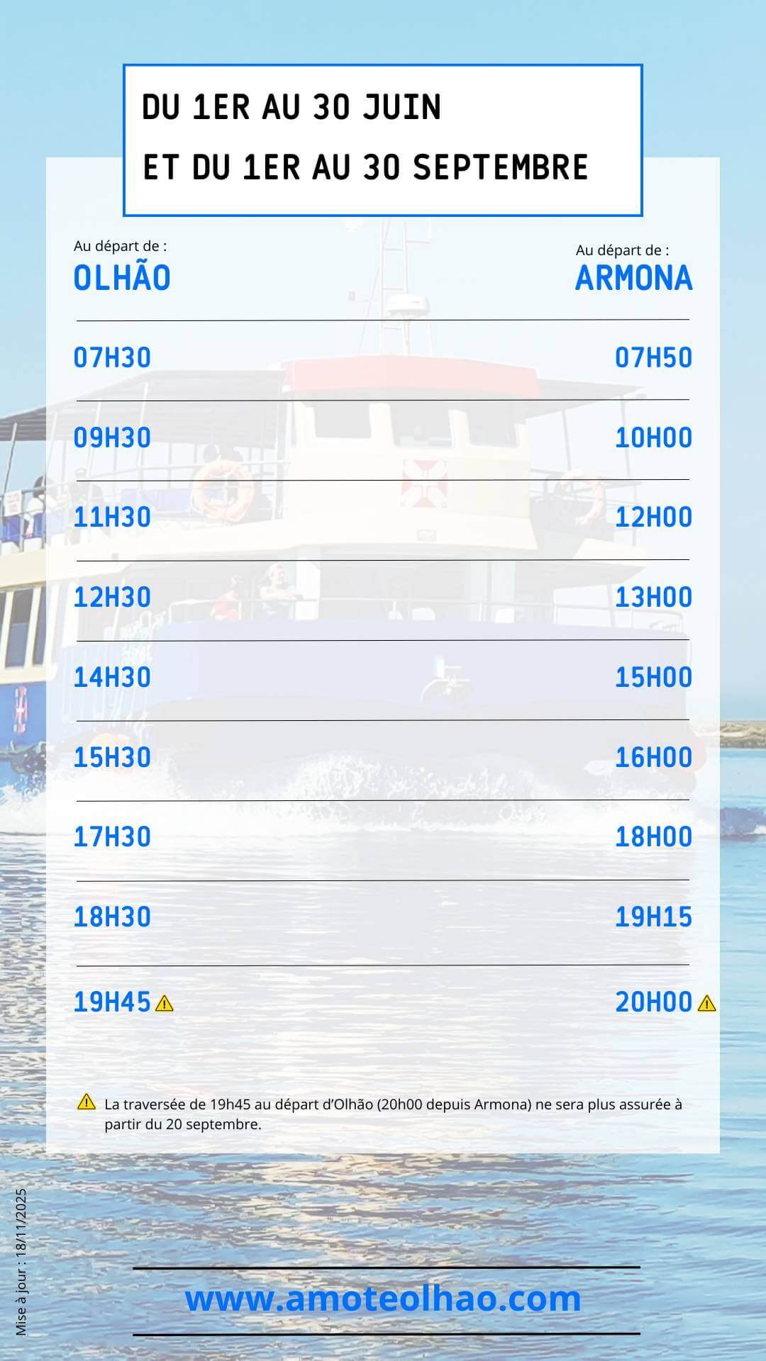 Horaires ferries Olhão Armona – 1 au 30 juin & 1 au 30 septembre Horaires des ferries Olhão–Armona du 1er au 30 juin et du 1er au 30 septembre – Amo-te Olhão.