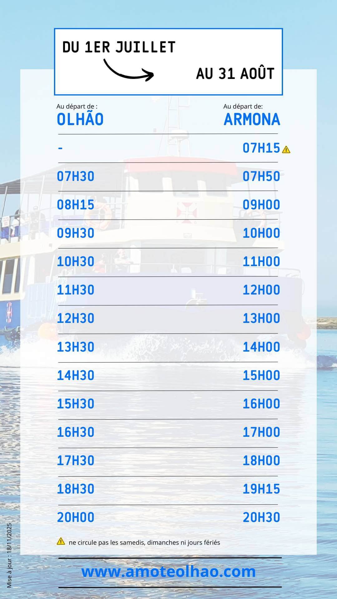 Horaires ferries Olhão Armona – 1 juillet au 31 août Horaires des ferries Olhão–Armona du 1er juillet au 31 août – Amo-te Olhão.