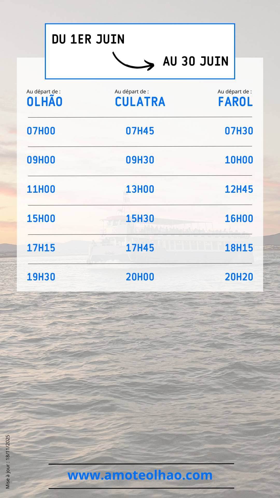 Horaires ferries Olhão Culatra Farol – 1 au 30 juin Horaires des ferries Olhão–Culatra–Farol du 1er au 30 juin – Amo-te Olhão.