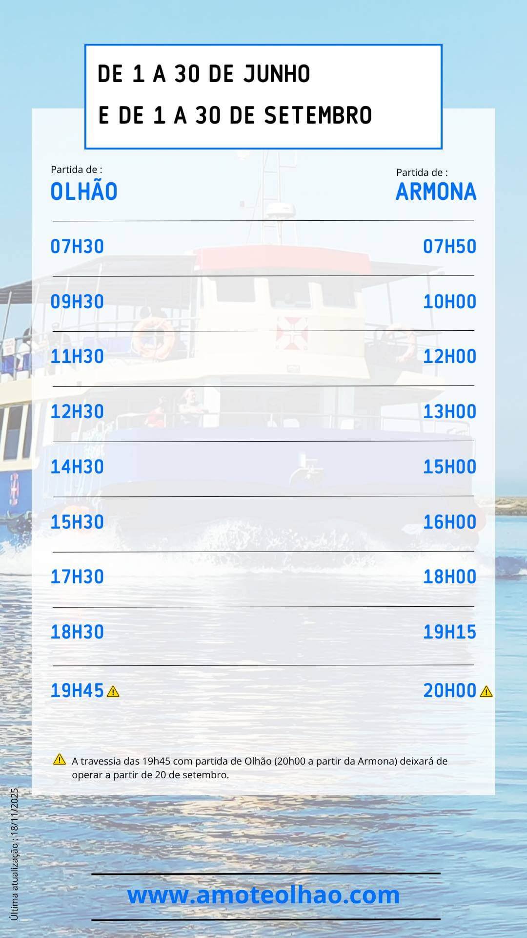 Horários barco Olhão Armona – 1–30 junho & 1–30 setembro Horários dos barcos Olhão–Armona de 1 a 30 de junho e de 1 a 30 de setembro – Amo-te Olhão.