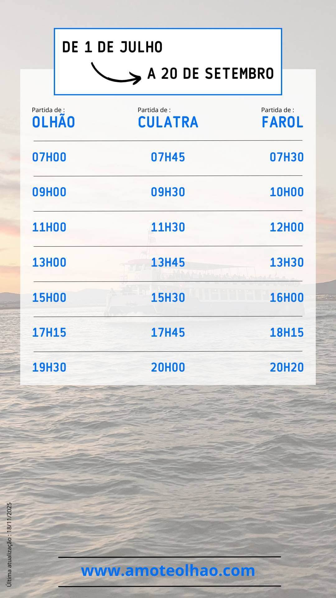 Horários barco Olhão Culatra Farol – 1 julho a 20 setembro Horários dos barcos Olhão–Culatra–Farol de 1 de julho a 20 de setembro – Amo-te Olhão.